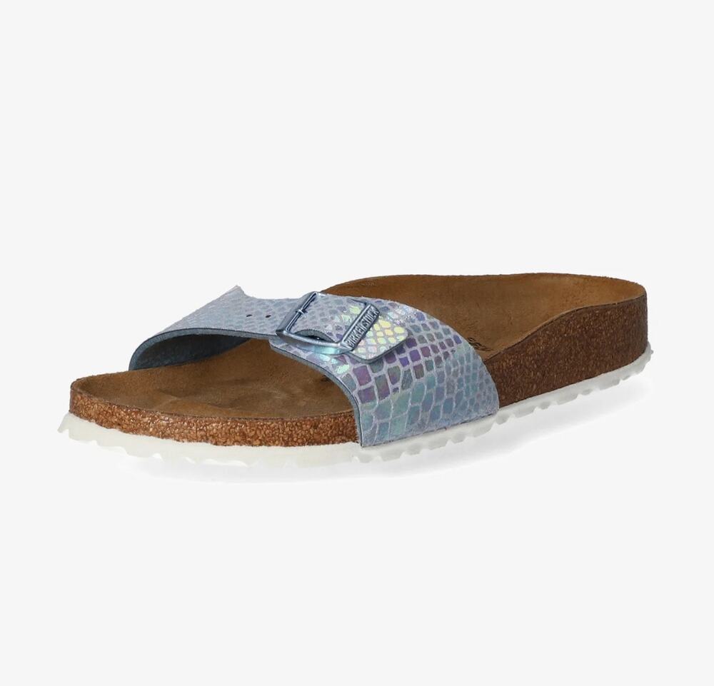 Birkenstock Women’s Madrid Slide Sandal Iridescent Blue Snakeskin Size 7